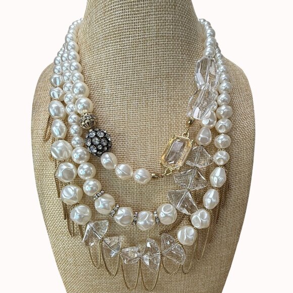 Chicos Multi-Strand Pearl & Crystal Statement Necklace With Gold-Tone Chains - Picture 4 of 14